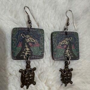 Hand Crafted Whimsical Giraffe and Turtle Dangle French Wire Earrings